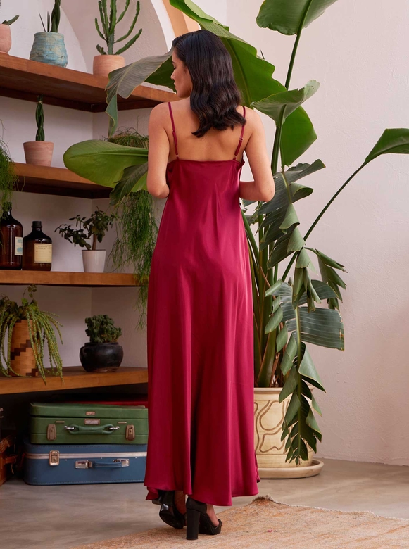 AMAYA LONG NIGHTWEAR & ROBE SET BURGUNDY - Thumbnail