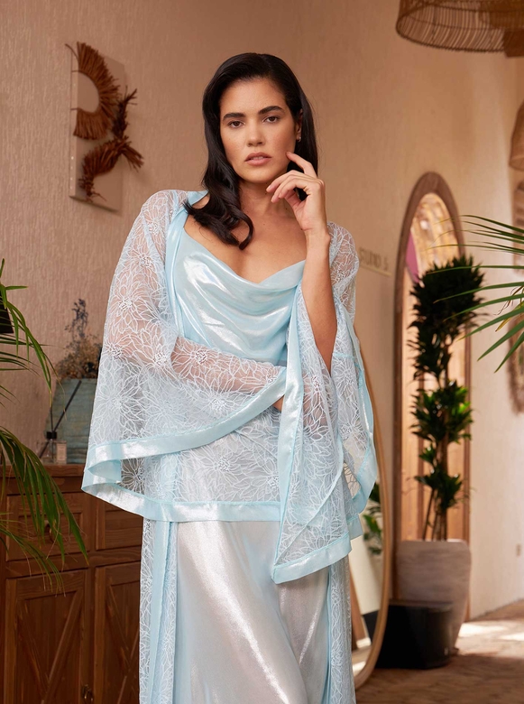 RAINA LONG NIGHTWEAR & ROBE SET BLUE - Thumbnail